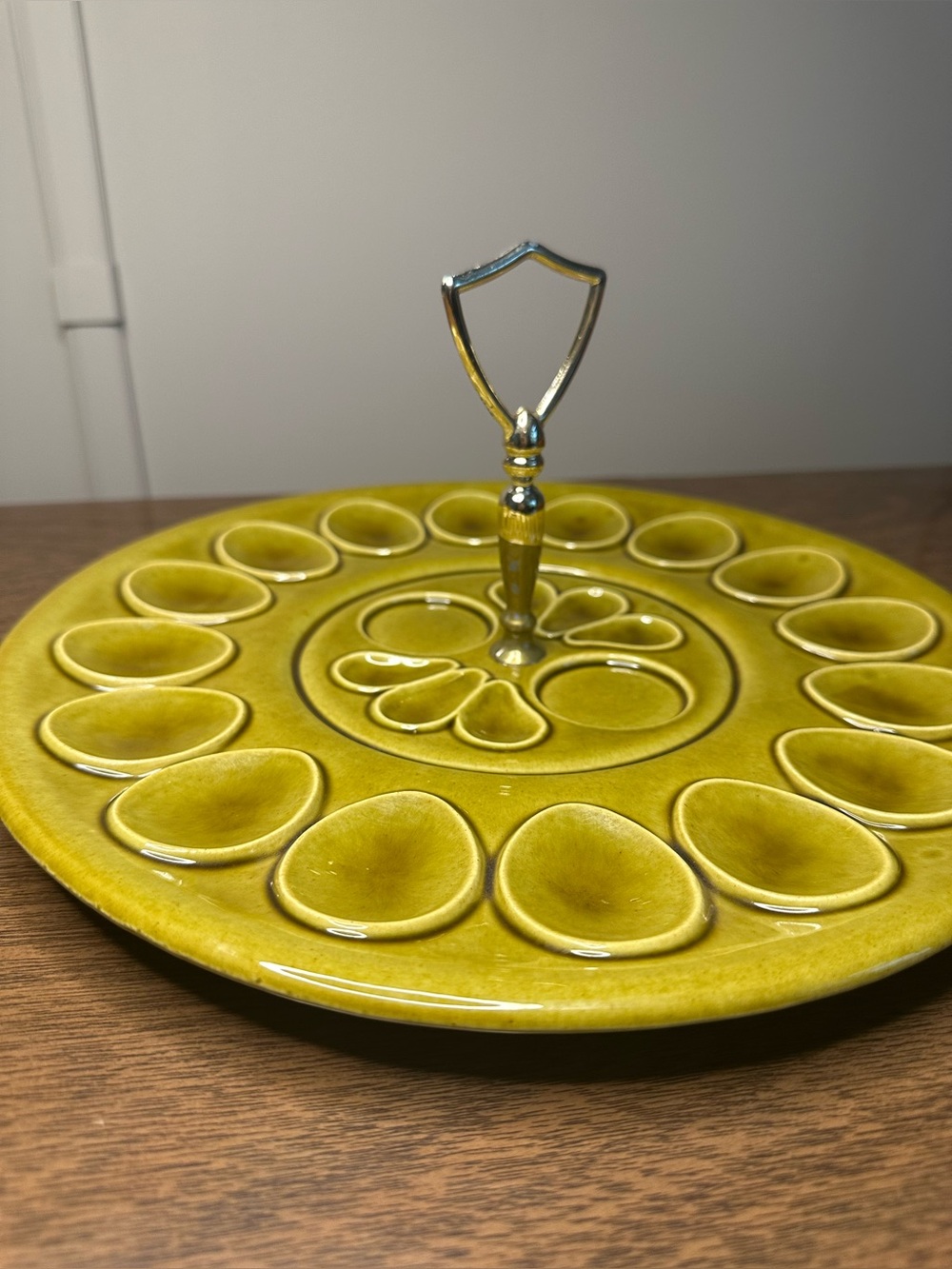 Vintage MCM California USA Pottery Avocado Green Deviled Egg Plate
